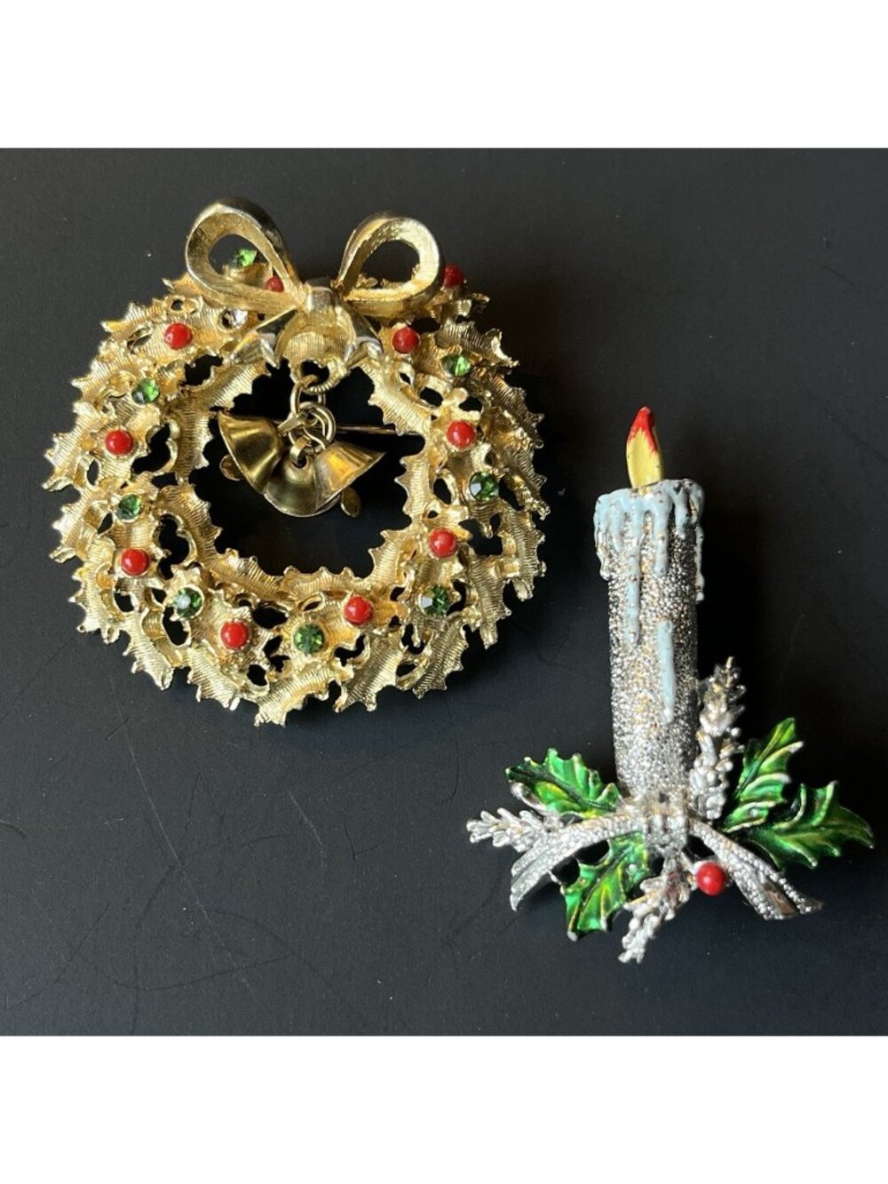 Vintage Christmas Brooch Set Wreath Bells Rhinestones & Candle Holly Pin Retro